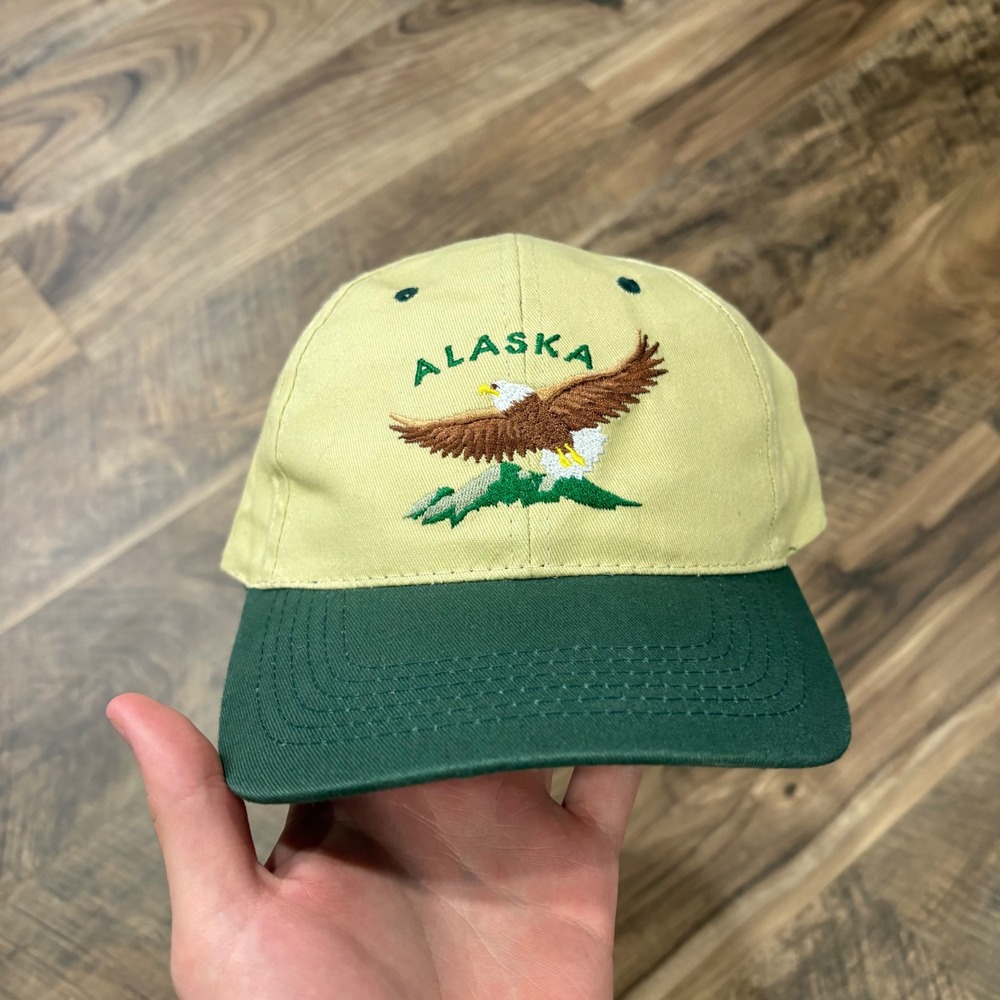 Vintage Y2K Alaska Shirt Company Hat Men OS Tan Green Eagle Snapback 90s Granola